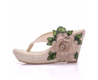 Amoretu Bohemia Flower Wedges Sandals Flip Flops For Women-Beige