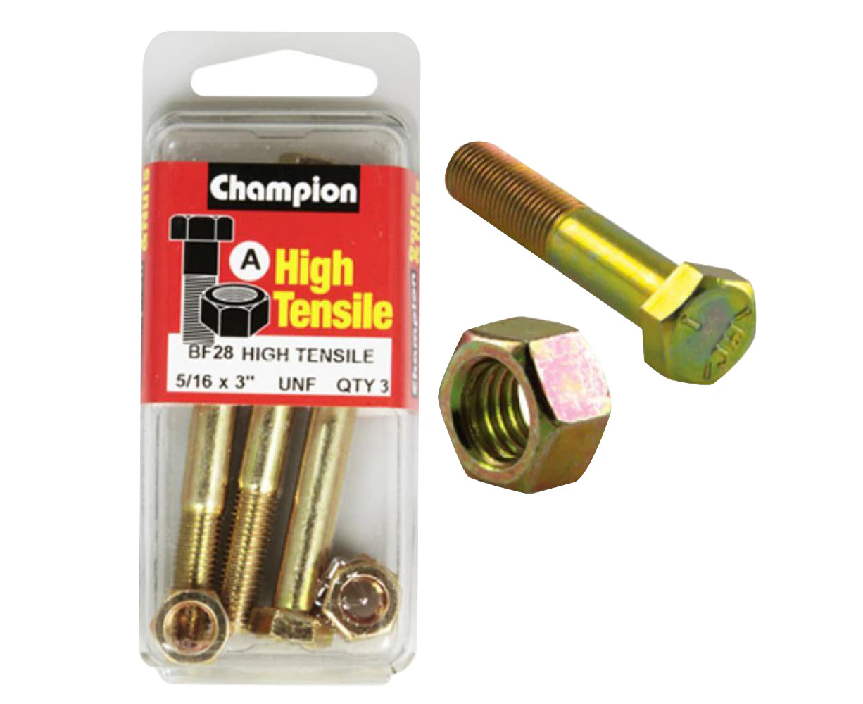 Champion Fasteners BF28 High Tensile UNF Bolts & Nuts 5/16 x 3 Pack of 3