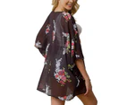 Strapsco Women's Summer Floral Print Kimonos Loose Half Sleeve Chiffon Cardigan Blouses Casual Cover Up - Black Flower