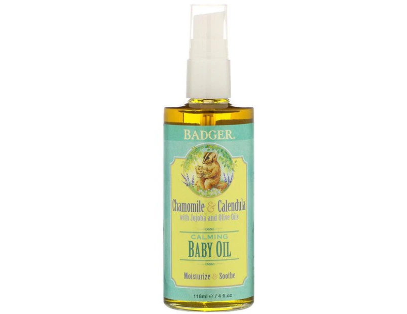 Badger Company, Calming Baby Oil, Chamomile & Calendula with Olive and Jojoba Oils, 4 fl oz (118 ml)