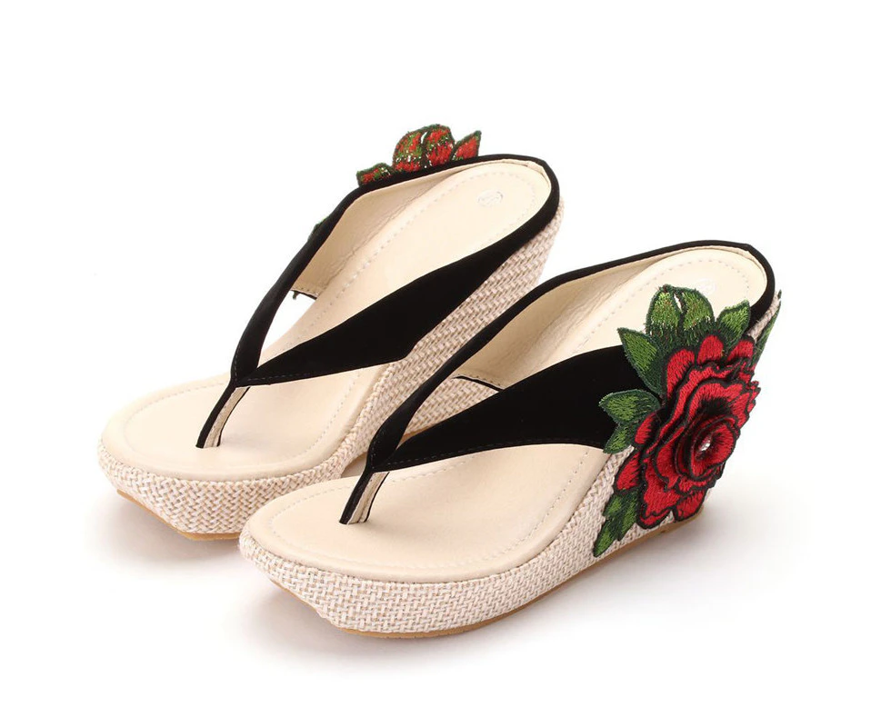 Amoretu Bohemia Flower Wedges Sandals Flip Flops For Women-BlackRed