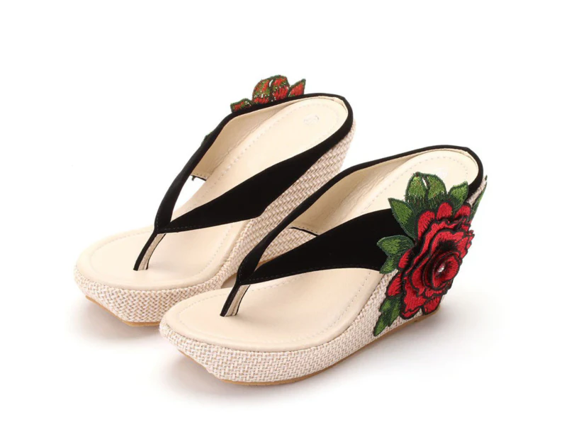 Amoretu Bohemia Flower Wedges Sandals Flip Flops For Women-BlackRed