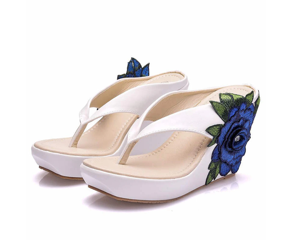 Amoretu Bohemia Flower Wedges Sandals Flip Flops For Women-WhiteBlue