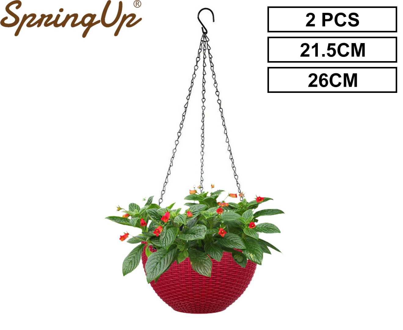 SpringUp 2PCS Hanging Plant Pots Landen Rattan Flower Baskets Hanger Self Holder Wall Red M/L 21.5CM/26CM