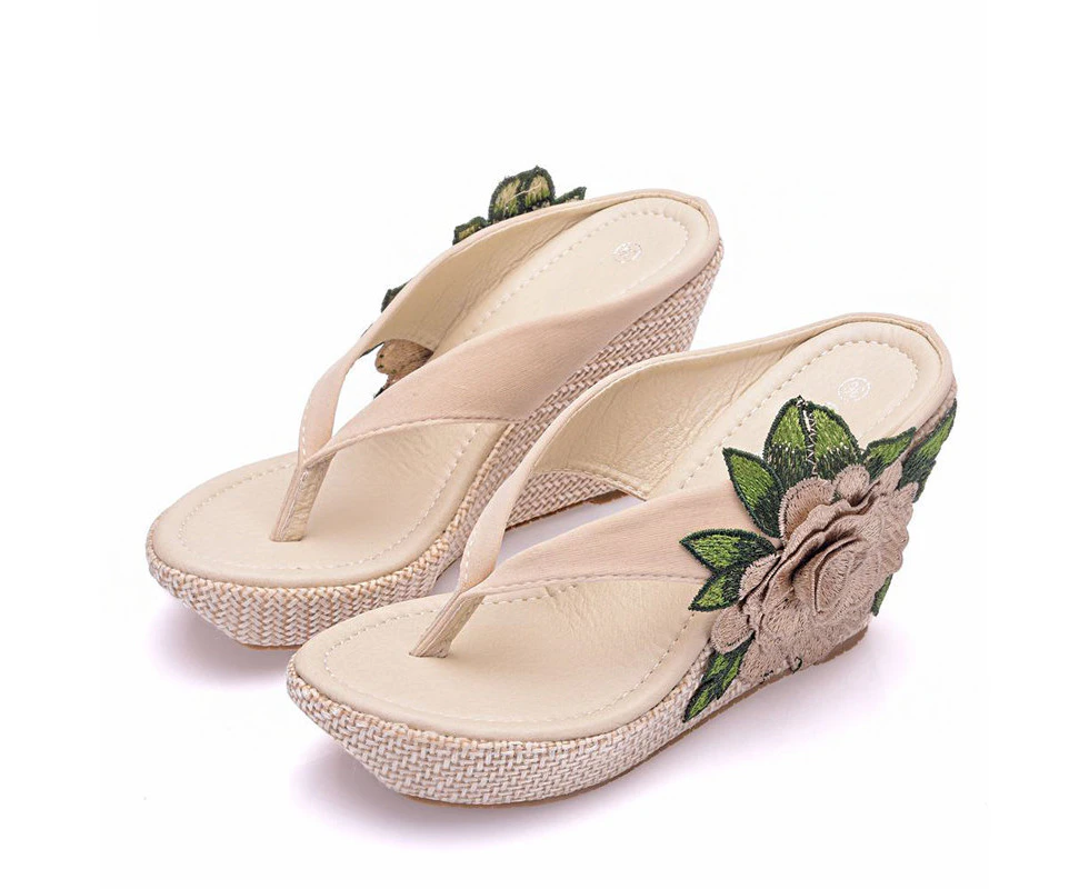 Amoretu Bohemia Flower Wedges Sandals Flip Flops For Women-Beige