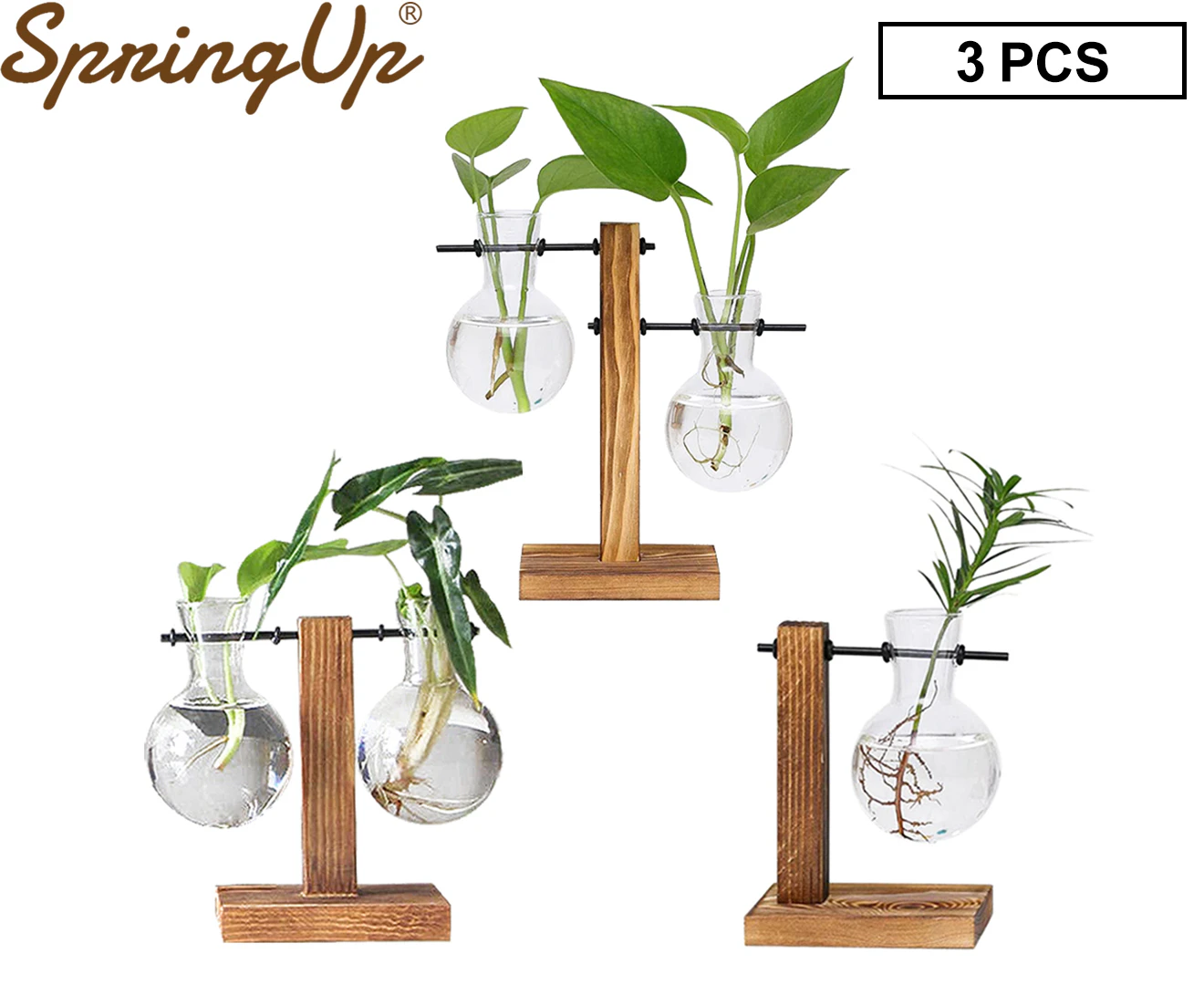 SpringUp-3PCS Wooden Stand Hanging Glass Vase Hydroponics Terrarium Container Pot Home Decor Type A B C