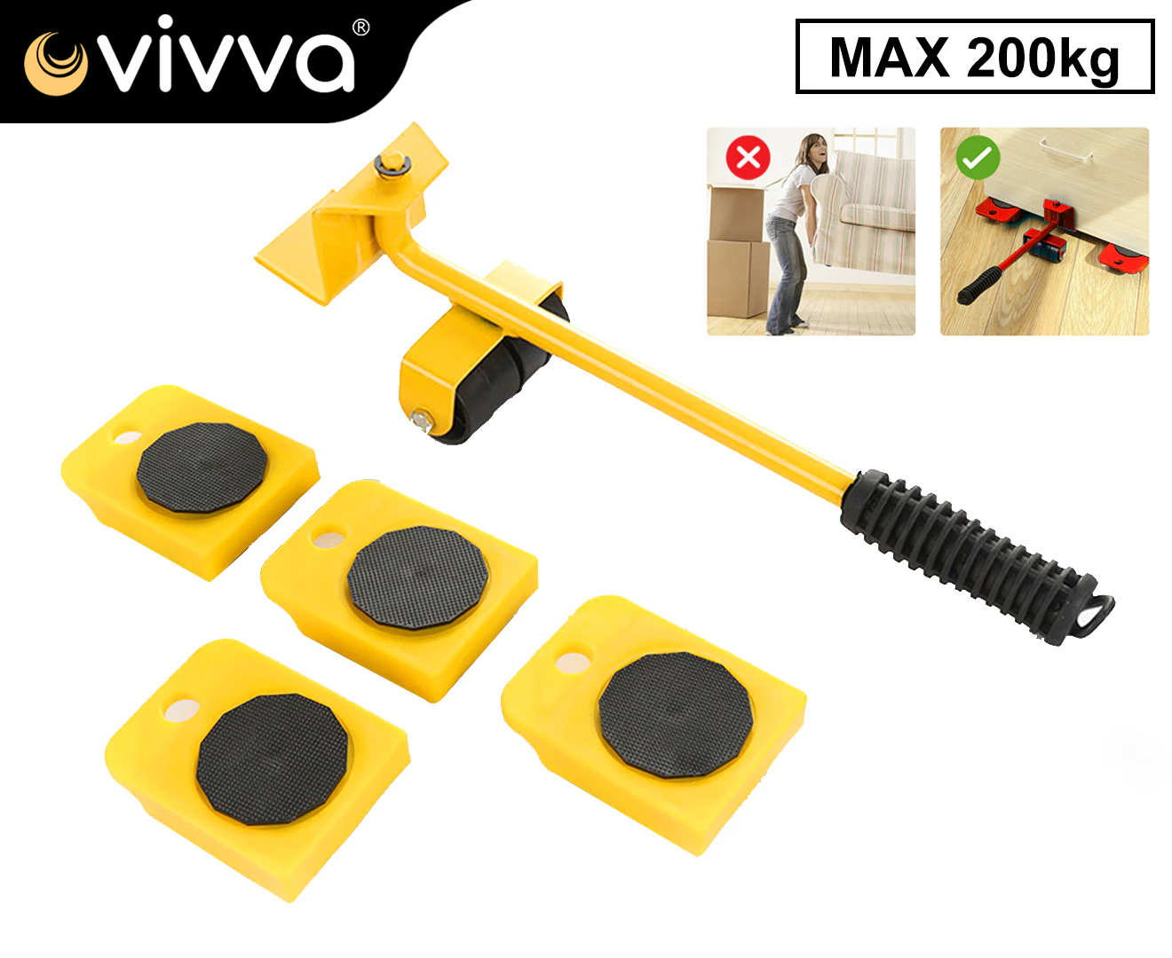 Vivva-5pcs Furniture Lifter Heavy Roller Move Tools Set Wheel Mover Sliders Kit 150KG