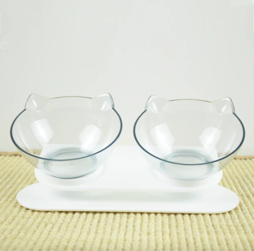 Double Cat Bowl Pet Bowls Stand Dog Elevated Feeder Food Water Raised Lifted - Clear+Clear