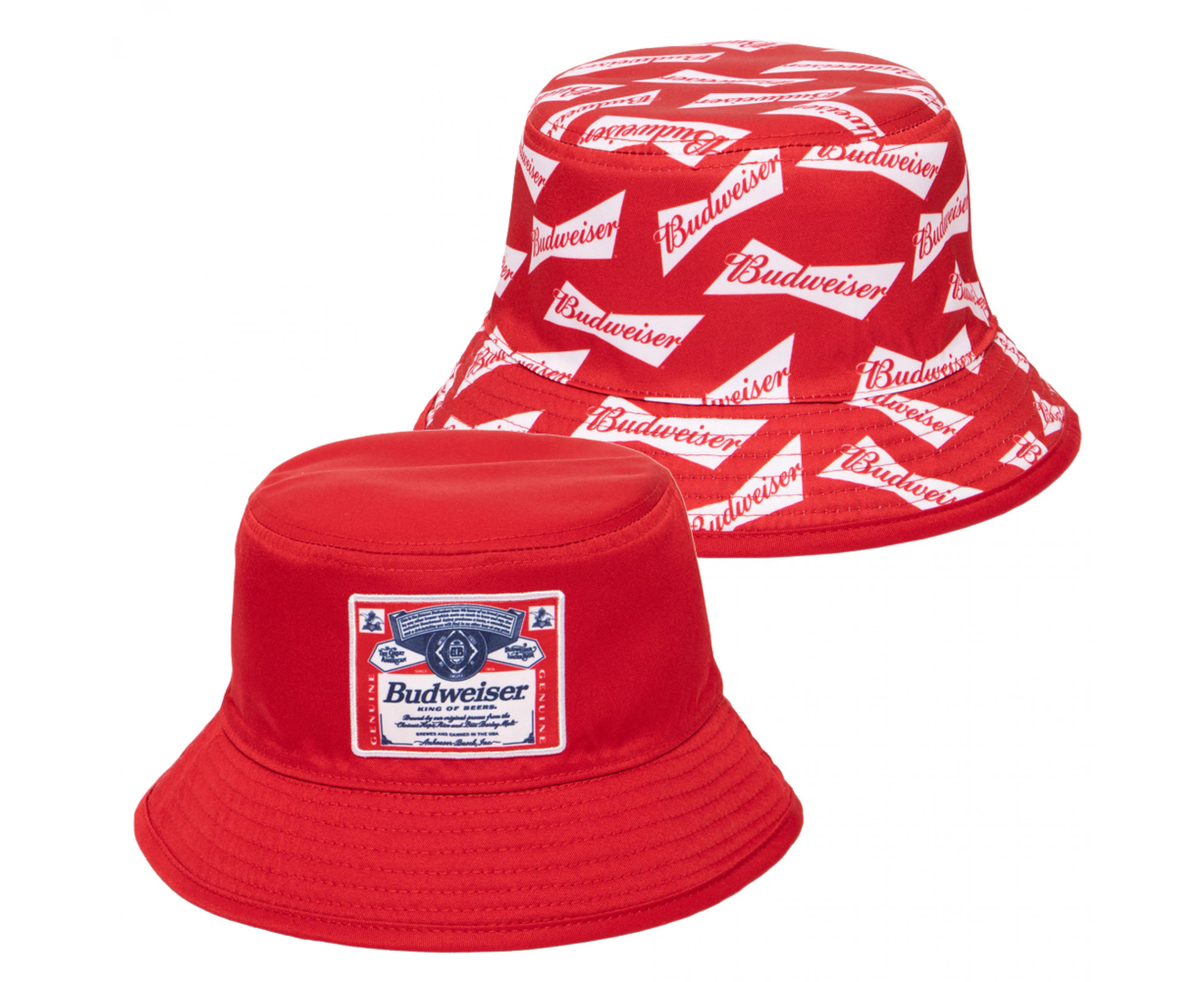 Budweiser Beer Label and All Over Ribbons Reversible Text Bucket Hat