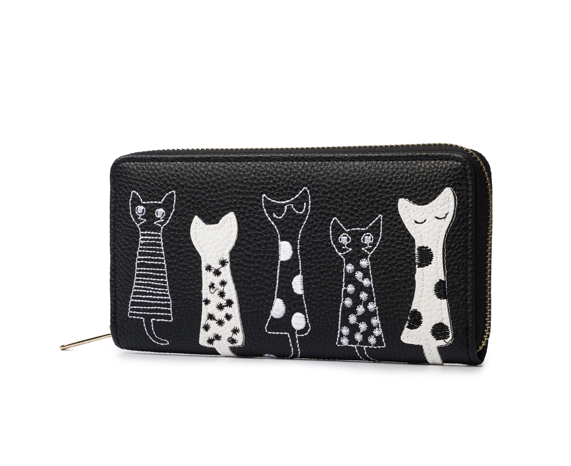 Women Lady Cartoon Cat PU Leather Clutch Wallet Long Card Holder Purse Handbag Black