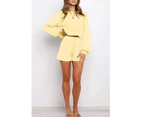 Strapsco Womens Casual Long Sleeve Solid Color 2 Piece Knit Pullover Sweatsuit Pocketed Shorts-Yellow