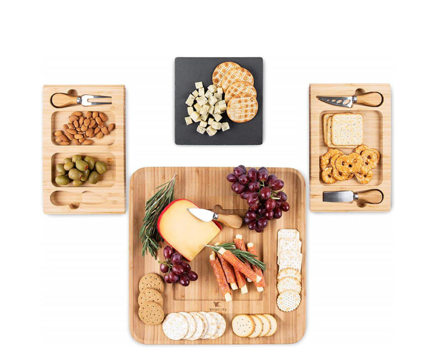 Cheese Board Set Platter Bamboo Including Slate Plate and 4 Cheese cutlery for picnic Wine tasting Cellar door Restaurant