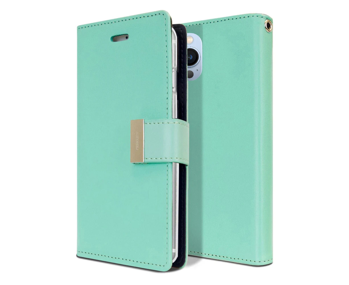 Goospery Apple iPhone 13 Pro Rich Diary Wallet Flip Case Leather Card Slots Magnetic Cover(Aqua) IP13P-RIC-MNT