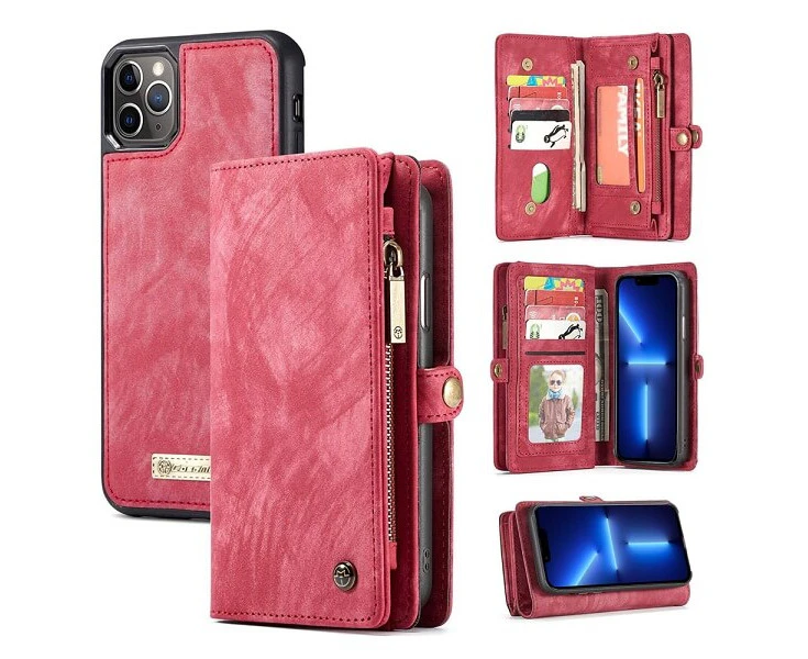 CaseMe For Apple iPhone 13 Pro Max Zipper & Detachable Retro Leather Pouch Wallet Flip Purse Bag Detachable Phone Case Cover (Red)