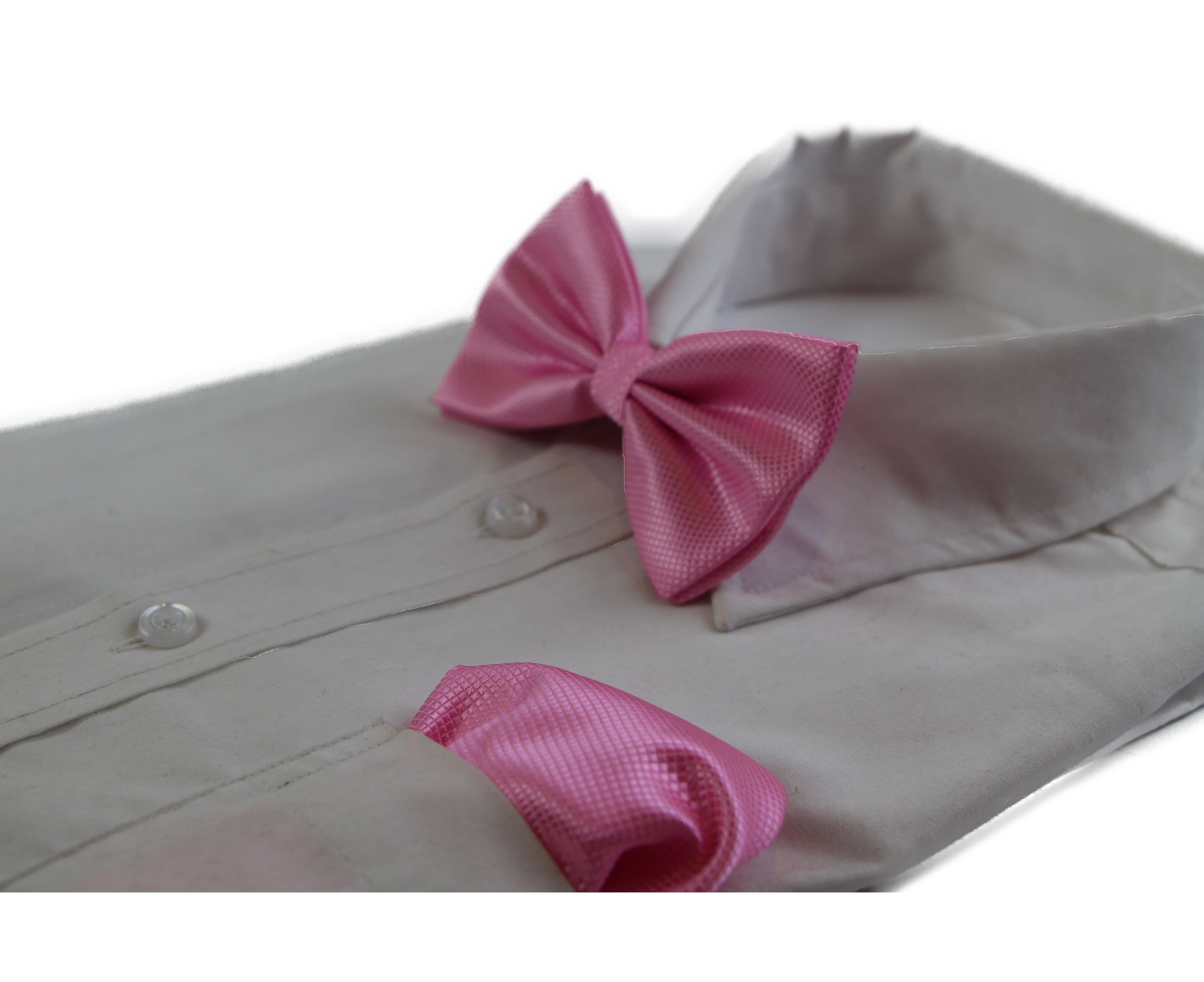 Mens Baby Pink Plain Coloured Checkered Bow Tie & Matching Pocket Square Set Polyester