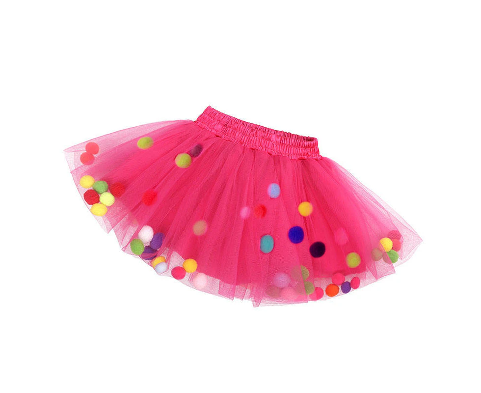 Dadawen Girl Tutu Skirt Fluffy Toddler Tulle Tutus 3 Layers With Pom Pom Puff Balls-Rose Red