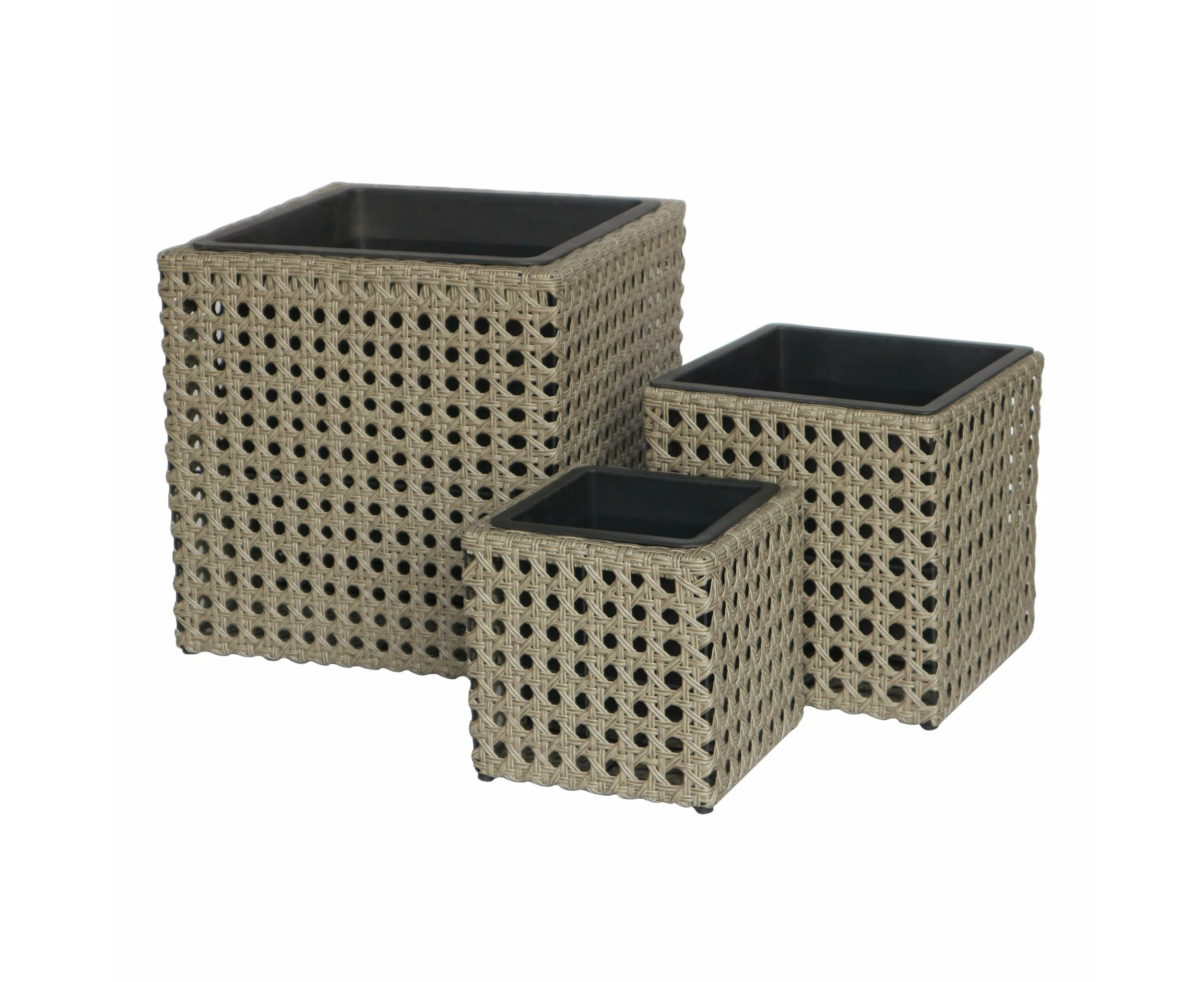 PINO 3 Piece Set Poly Rattan Wicker Large Planter Pot - Light Brown