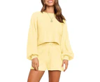 Strapsco Womens Casual Long Sleeve Solid Color 2 Piece Knit Pullover Sweatsuit Pocketed Shorts-Yellow