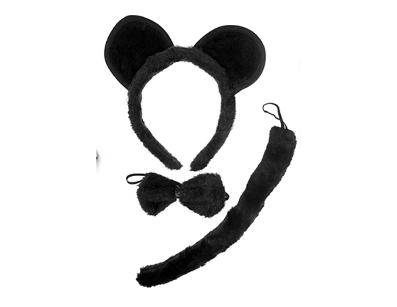 BLACK MOUSE / BEAR HEADBAND w Bow Ears Tail Animal Costume Halloween Party