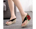 Amoretu Bohemia Flower Wedges Sandals Flip Flops For Women-BlackRed