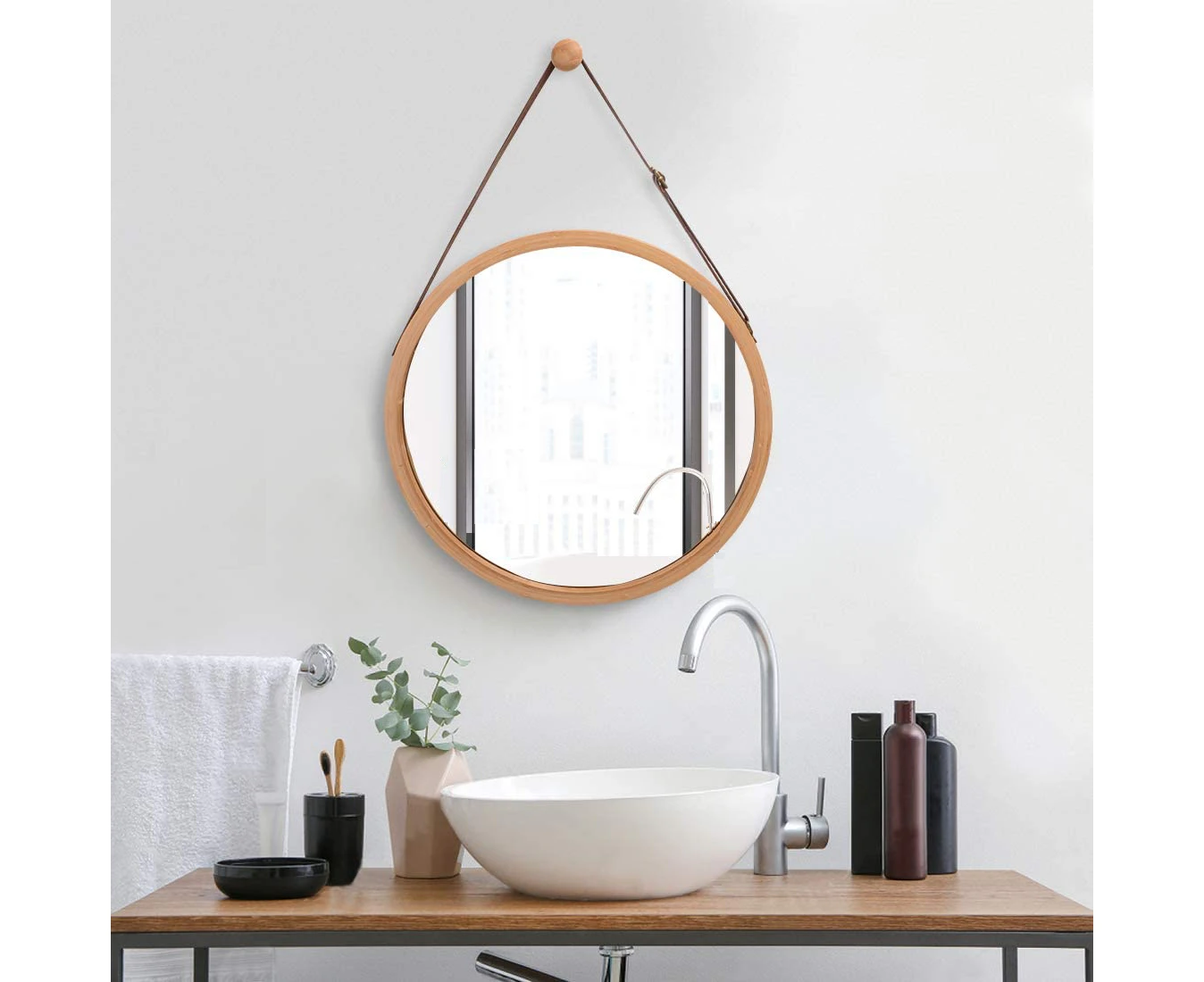 Hanging Round Wall Mirror 38 cm - Solid Bamboo Frame and Adjustable Leather Strap for Bathroom and Bedroom