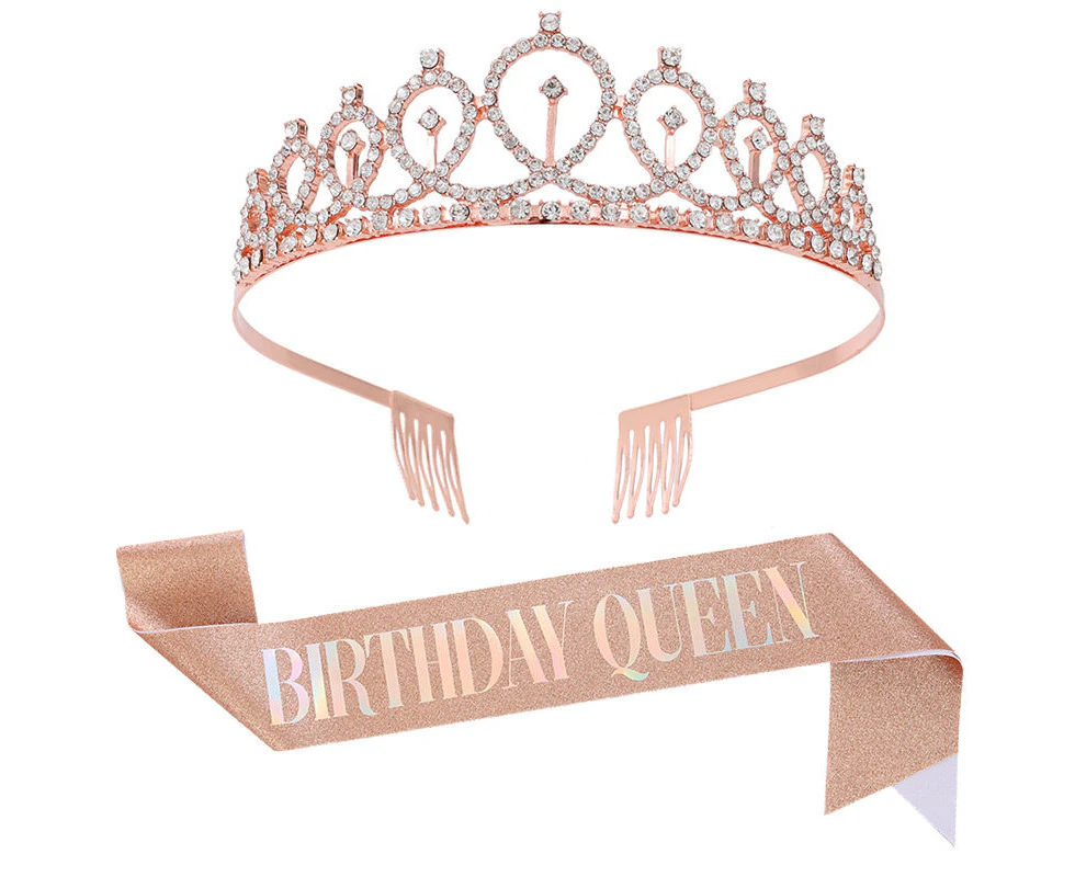 MadeSmart Birthday Girl Sash & Rhinestone Tiara Kit Birthday Gifts Glitter Birthday Sash Birthday Party Favors -Rosegold Colorful