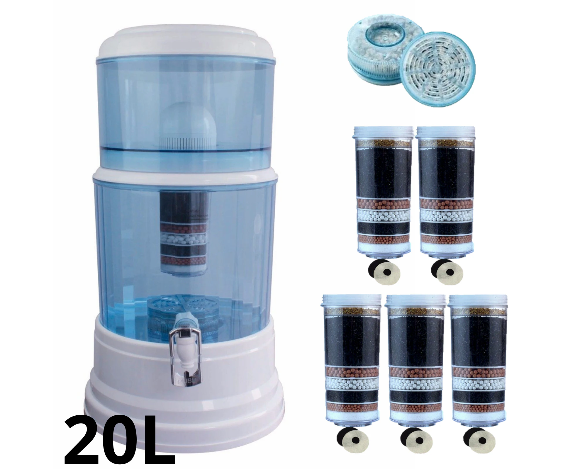 Aimex – 20L Benchtop Water Filter – Water Dispenser / Purifier with 5 x Filter Cartridges + Maifan Stone