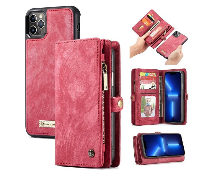 CaseMe For Apple iPhone 13 Pro Zipper & Detachable Retro Leather Pouch Wallet Flip Purse Bag Detachable Phone Case Cover (Red)