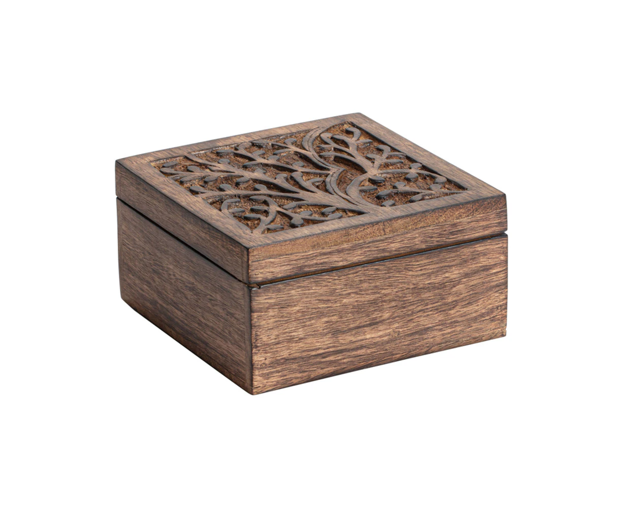 Handcrafted Mangowood Square Tree Of Life Box 15X15X8Cm