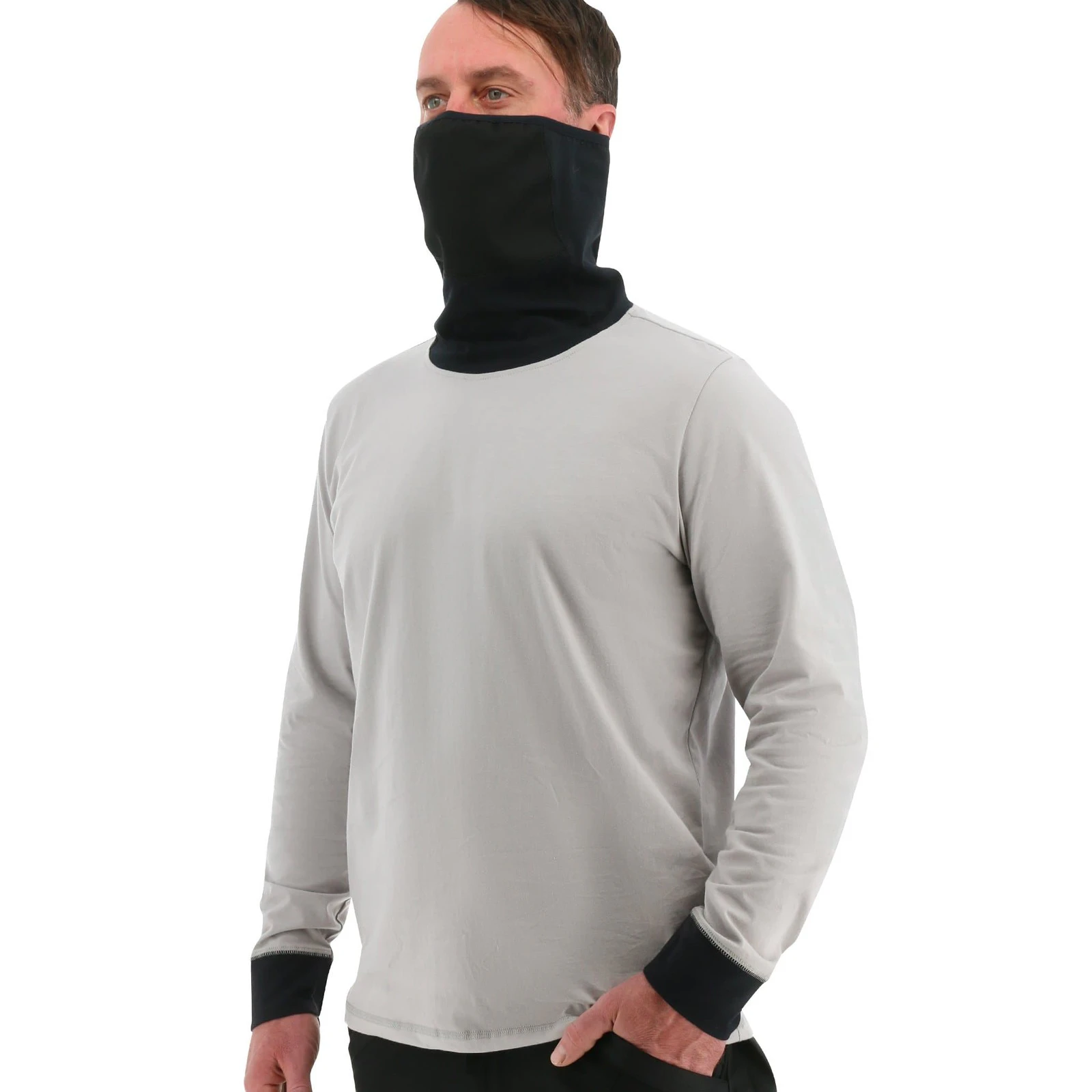 Caterpillar Men's ViralOff Long Sleeve Gaiter Tee with Face Covering Top Shirt CAT - Drizzle