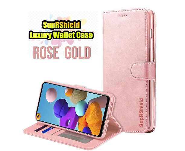 For Samsung Galaxy A21s Case, SupRShield Wallet Leather Flip Magnetic Stand Case Cover (Rose Gold)