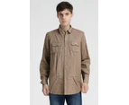 Men's Plain Slim 100% Cotton Long Sleeve Shirt Button Up Stylish Business Casual - Brown/Beige