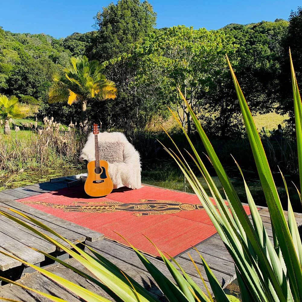 RECYCLED Plastic Outdoor Rug | Ginga Crocodile Design, Rectangle Black, Red & Yellow