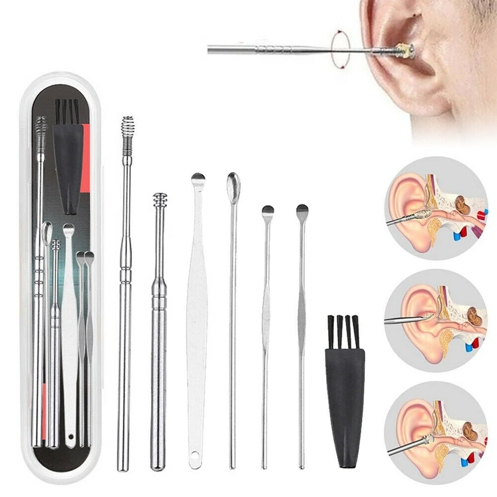 7pcs Earwax Removal Ear Pick Wax Cleaner Earpick Curette Remover Stainless Steel