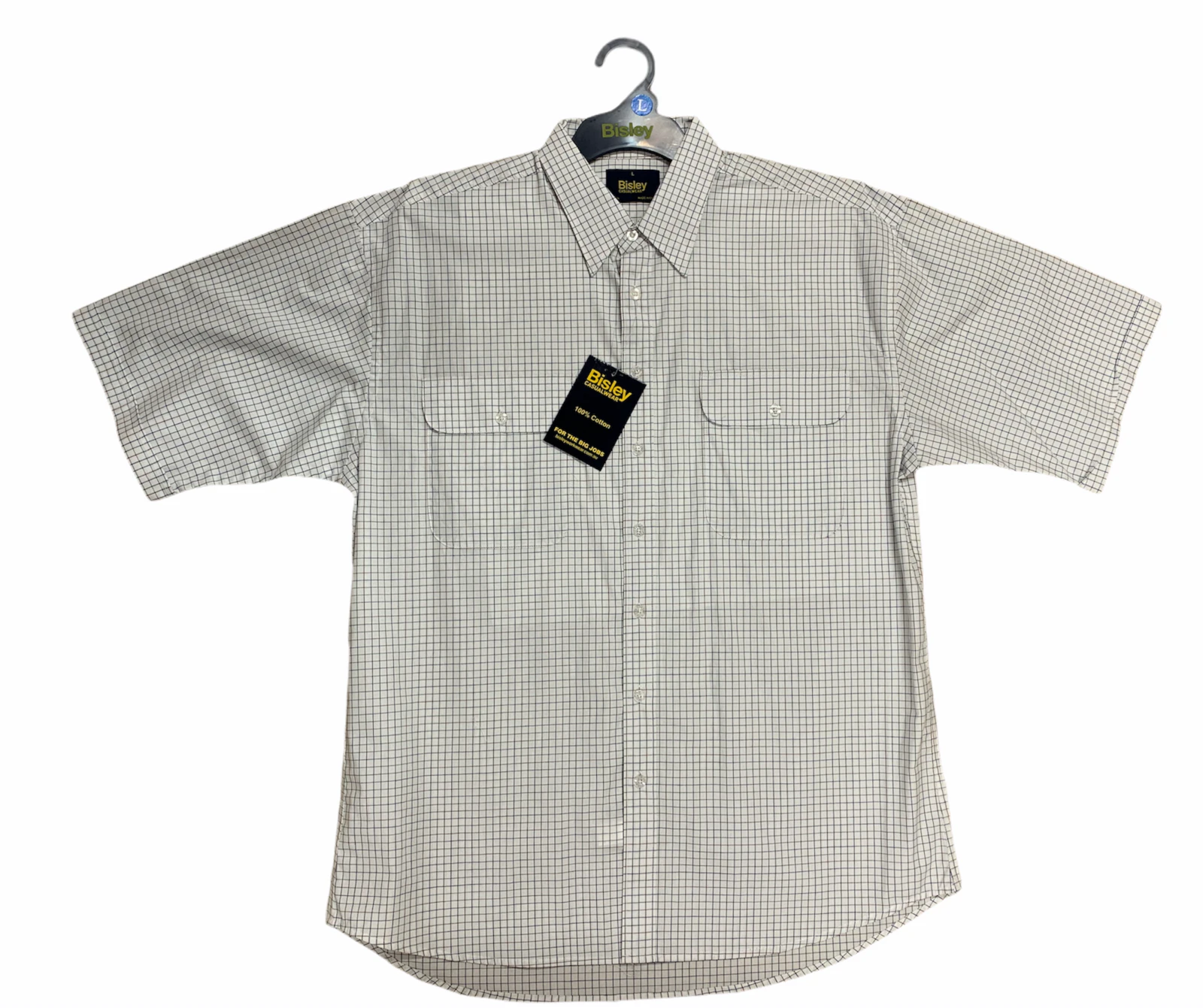 Bisley Men's Short Sleeve Check Shirt Checkered 100% Cotton Casual Business Work - White