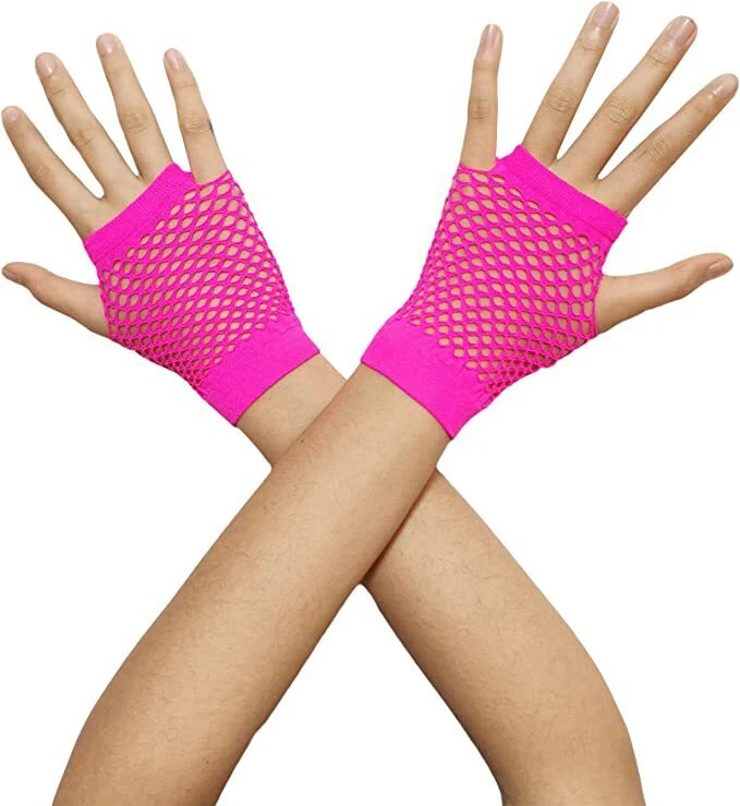 FISHNET GLOVES Fingerless Wrist Length 70s 80s Womens Costume Party Dance - Hot Pink