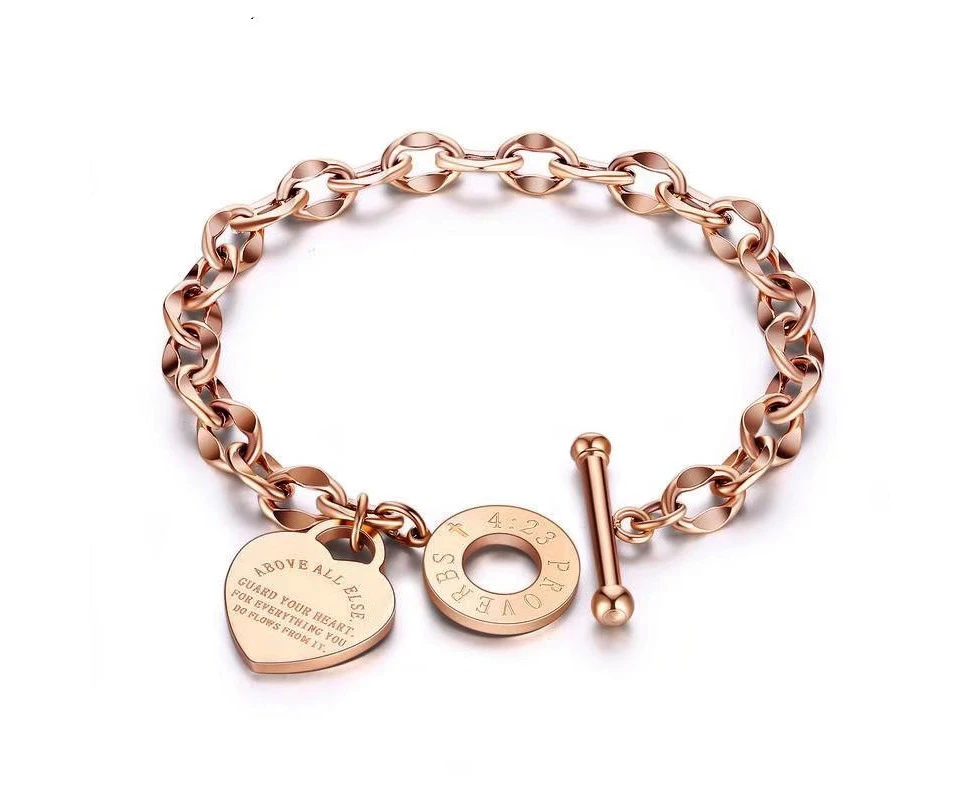 Duohan Bible Proverbs 4:23 Link Bracelet for Women, Titanium Steel Bracelet Heart Pendant - Rose Golden