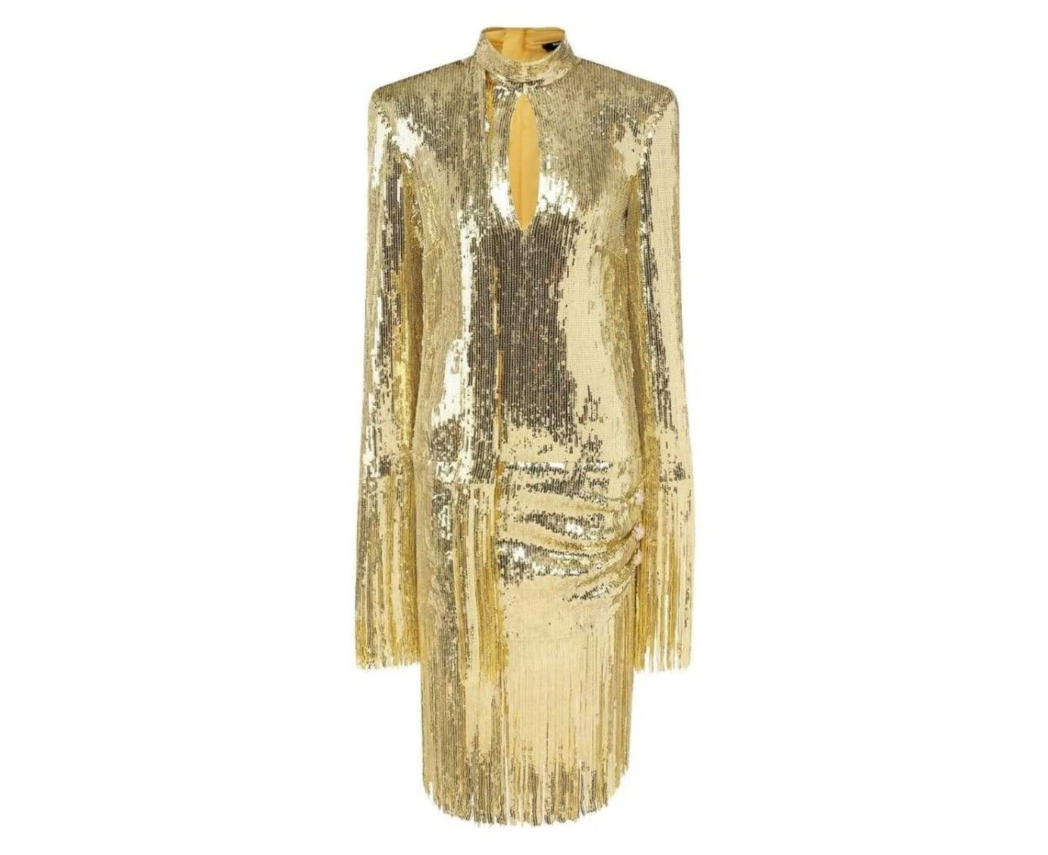 Balmain Fringed Gold Sequined Midi Dress