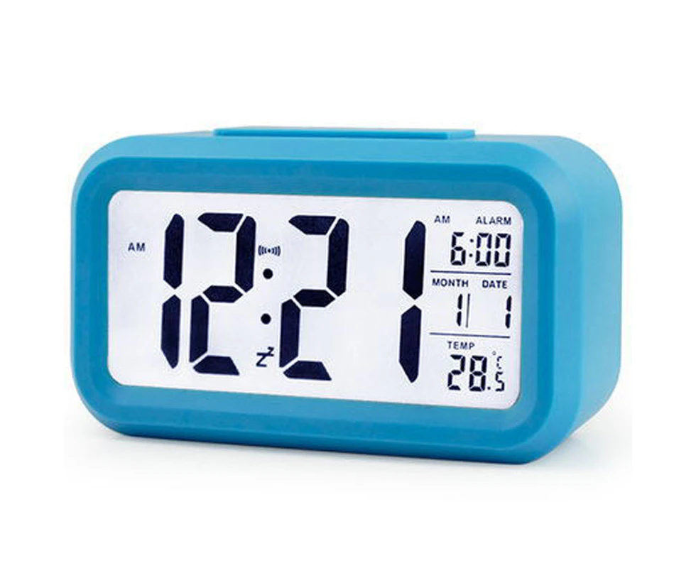 Battery Operated LED Display Digital Smart Alarm Clock Snooze Temperature New - Blue