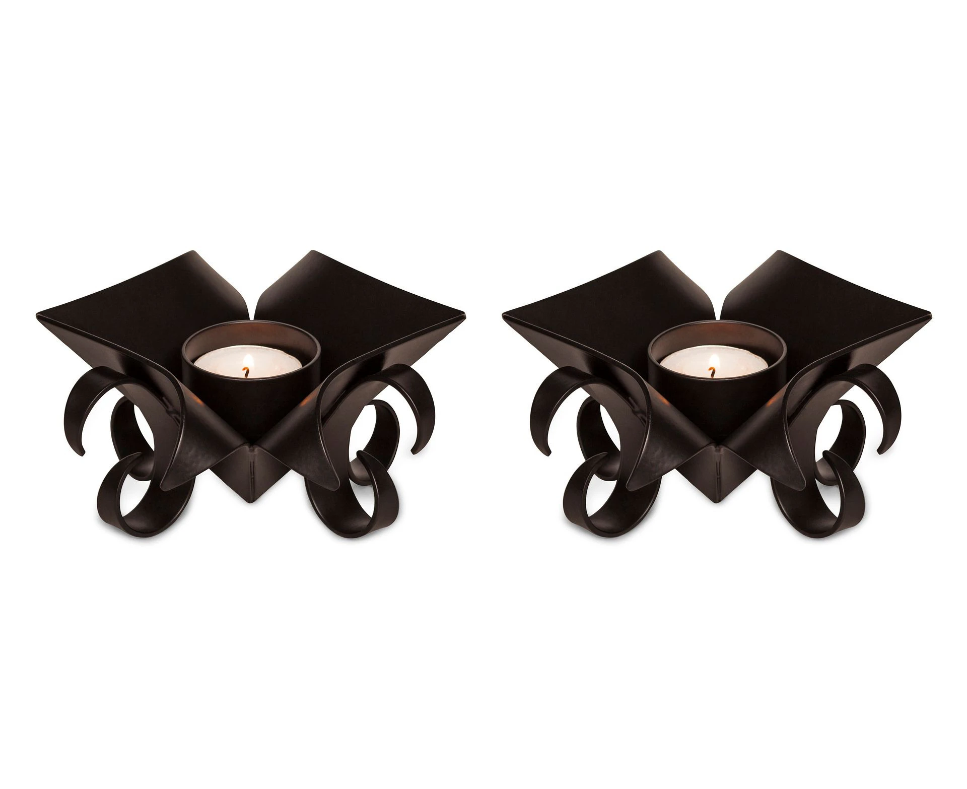 Decorative Black Metal Lotus Tea Light Candle Holders in Set of 2