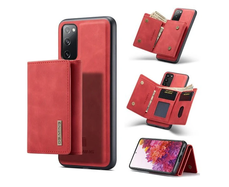 DG.MING For Samsung Galaxy S20 FE Premium Trifold Wallet Leather Case With 2-in-1 Magnetic Detachable Card Holder Pocket Cover - Red