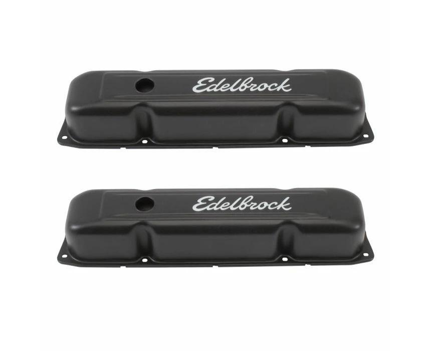 Edelbrock Valve Covers, Signature Series, Stock Height, Steel, Black Powdercoat, Logo, Mopar, Big Block, Pair