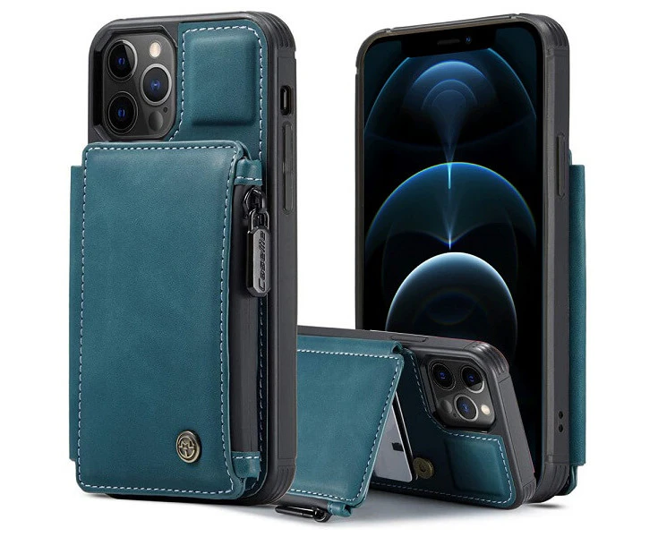 For Apple iPhone 12 Pro Max CaseMe Back Zipper Wallet Case W/ 3 Card Slots, RFID Blocking, 1 Money Pocket, Credit Card Holder Leather Cover (Teal Blue)