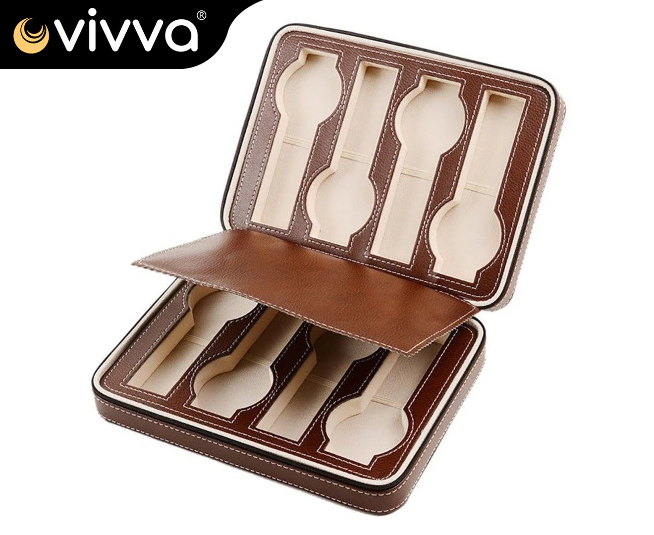 Vivva-8 Grids Travel Watch Box Storage Zipper Wristwatch Case Organizer Brown