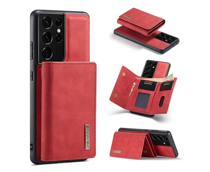 DG.MING For Samsung Galaxy S21 Ultra Premium Trifold Wallet Leather Case With 2-in-1 Magnetic Detachable Card Holder Pocket Cover - Red