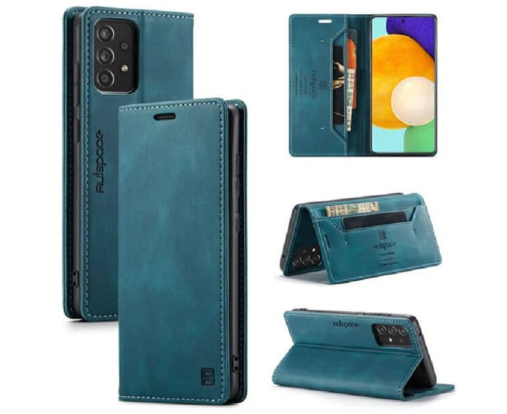 AutSpace For Samsung Galaxy A52 Case RFID Blocking Retro Flip Premium Leather Card Holder Wallet Cover - Cyan Blue