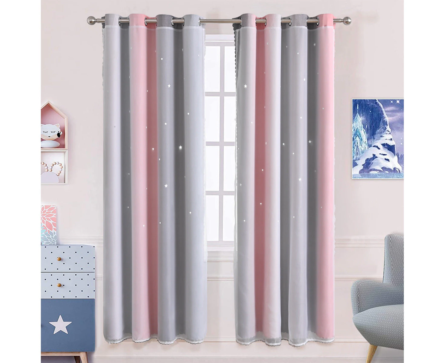 2x Star Cutout Curtains for Girls Room, Blackout Kids Curtains Pink Drapes for Windows, Pink/Grey