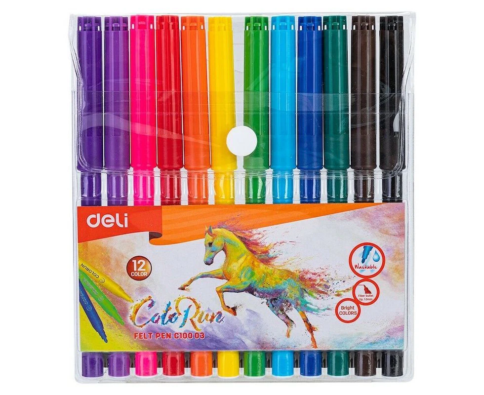 Deli EC10003 Felt Pens 12 Assorted Colours for Children Art Craft Pen