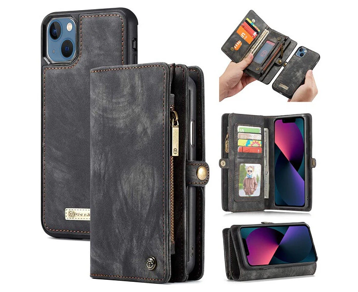 CaseMe For Apple iPhone 13 Zipper & Detachable Retro Leather Pouch Wallet Flip Purse Bag Detachable Phone Case Cover (Black)