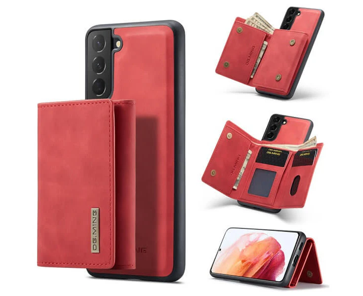 DG.MING For Samsung Galaxy S21 Premium Trifold Wallet Leather Case With 2-in-1 Magnetic Detachable Card Holder Pocket Cover - Red